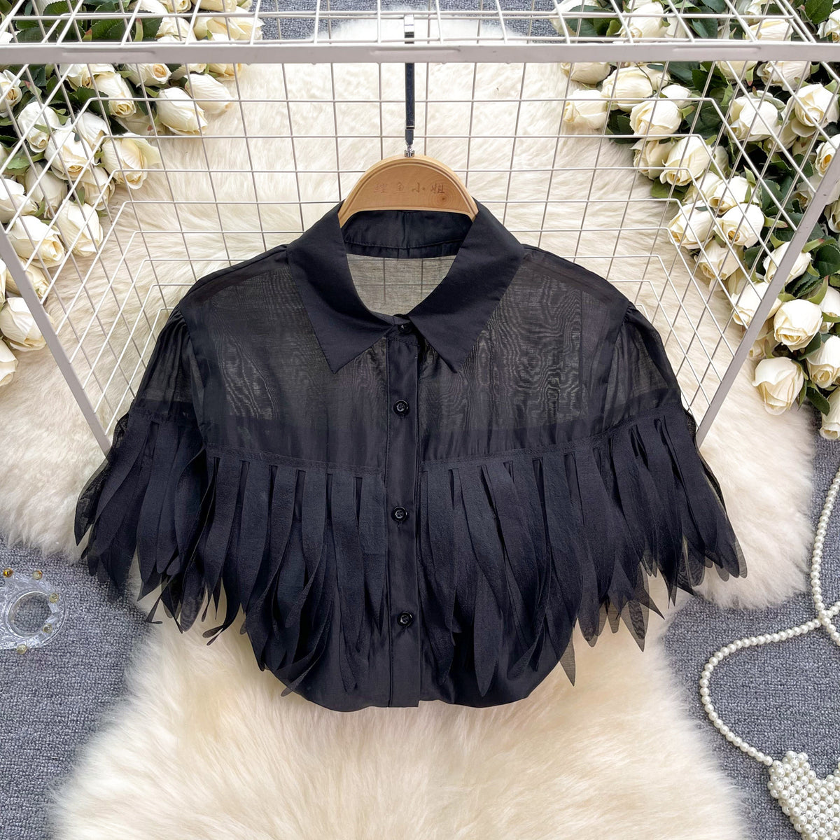 Top Sin Mangas Flecos Transparente Cuello Polo Holgado Mujer
