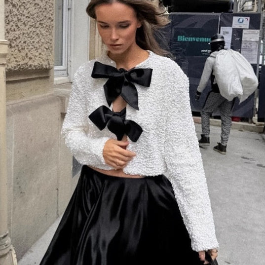 Jacket with Elegant Luxury Embroidered Sequins Round Neck Long Sleeve Short Top Cardigan