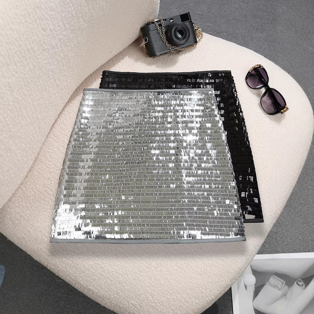 Mini Falda Tipo A Cintura Alta Efecto Brillante Seductor Sofisticado Mezcla Algodón Mujer