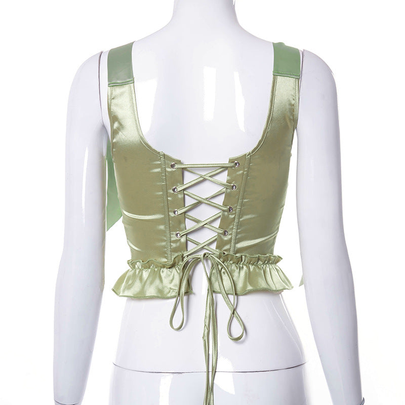 Top Sin Mangas Cuello Cuadrado Cintura Efecto Espina Lazo Hombro Mujer
