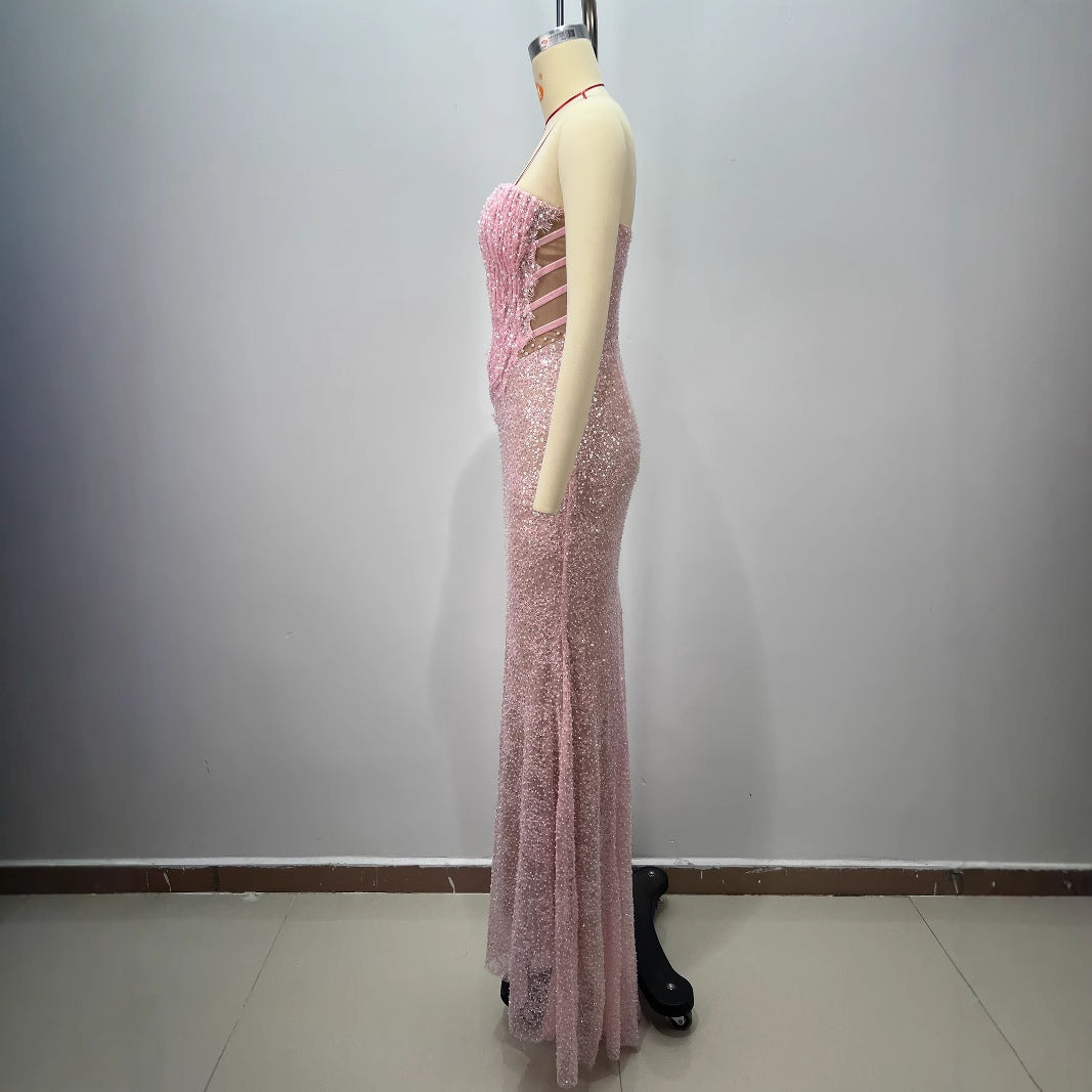 Vestido Largo Poliéster Un Hombro Sin Tirantes Espalda Descubierta Ballenas Abalorios Lentejuelas Ajustado Elegante Fiesta Mujer Rosa