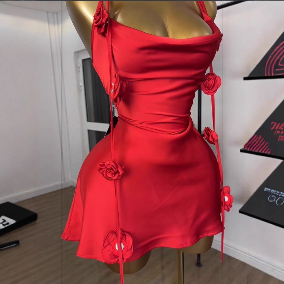 Vestido Corto Sin Mangas Floral Silueta A-Line Cintura Alta Detalle Calado Mujer