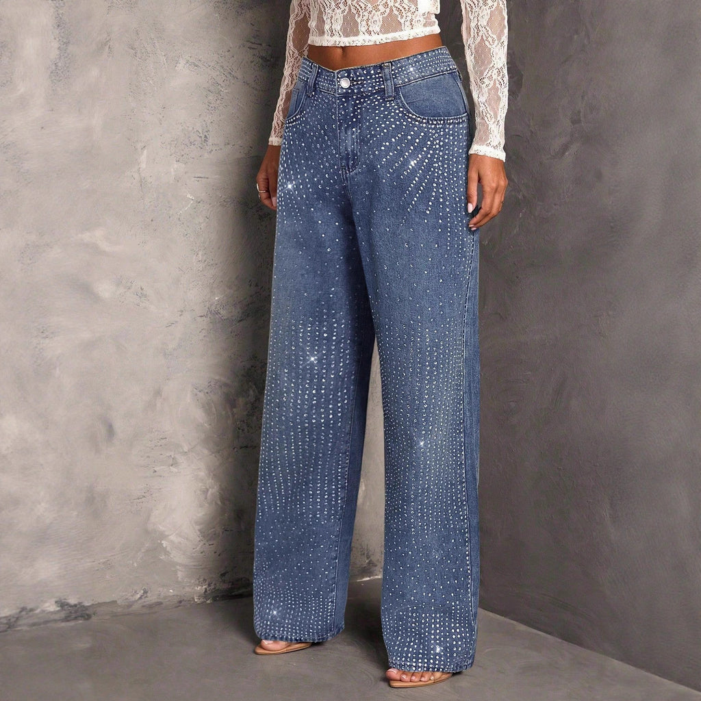 Vaquero Recto Holgado Talle Medio Strass Irregular Denim Street Fashion Mujer