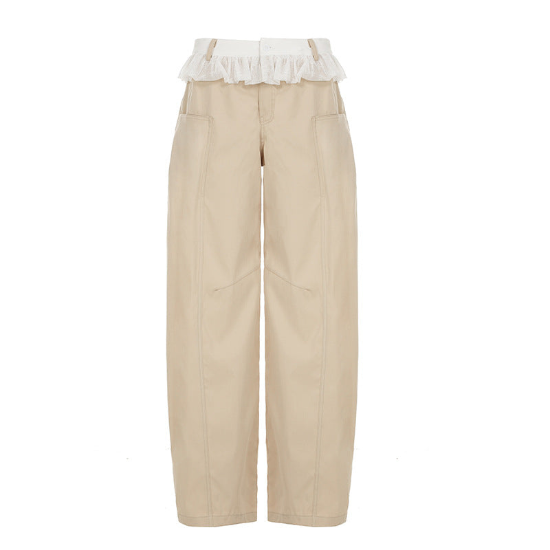 Pantalón Pierna Ancha Cintura Alta Encaje Empalme Retro Street Fashion Casual Caqui Mujer