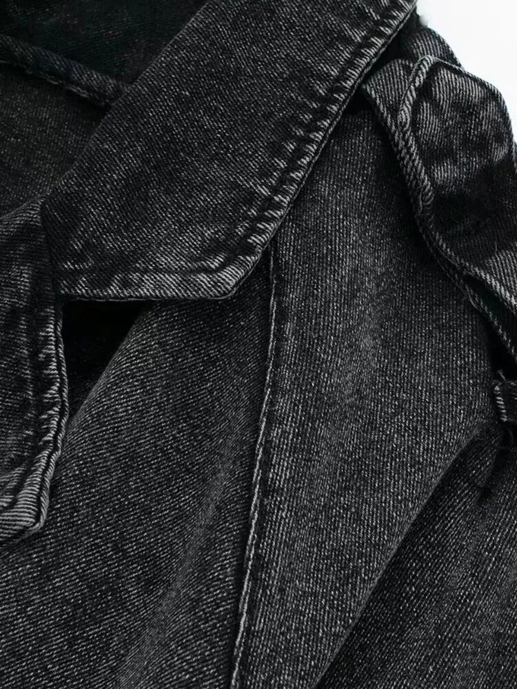 Chaqueta Vaquera Corta Denim Algodón Cinturón Manga Larga Solapa Bomber Streetwear Otoño Mujer