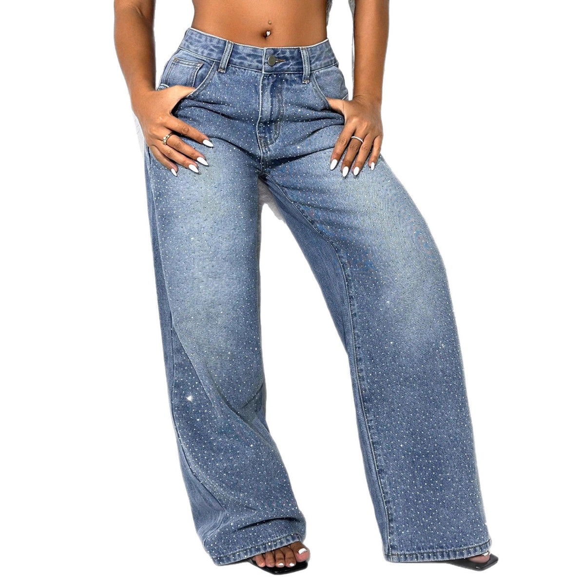 Vaquero Largo Recto Holgado Cintura Alta Strass Denim Lavado Street Fashion Mujer