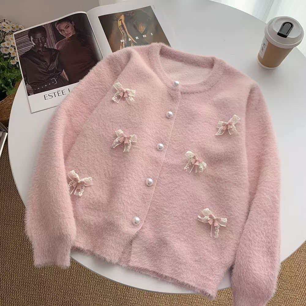 Design Sense 3D Bow Round Neck Single Breasted Knit Cardigan for Women