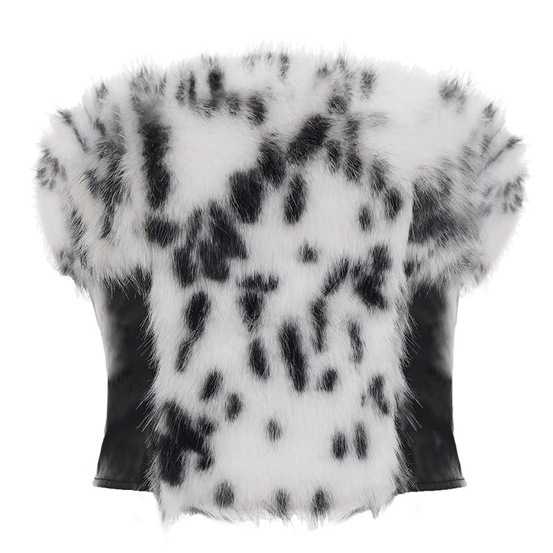 Splicing strapless slimming and slimming fur top