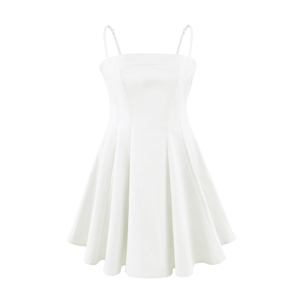 White Cotton Square Neck Sleeveless Dress for Women Fitted Waist Suit Dress Romantic Pure Look Fitted Dress