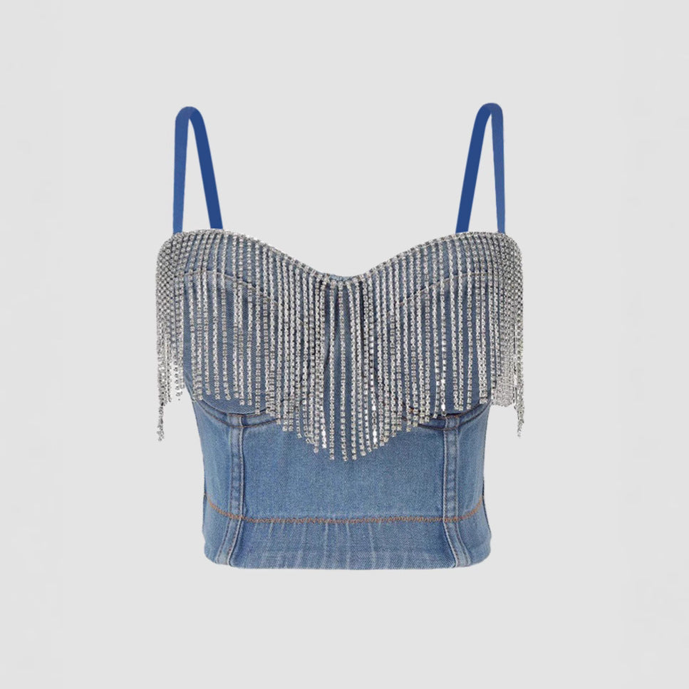 Denim Strapless Top with Tassel and Rhinestone Design for Women