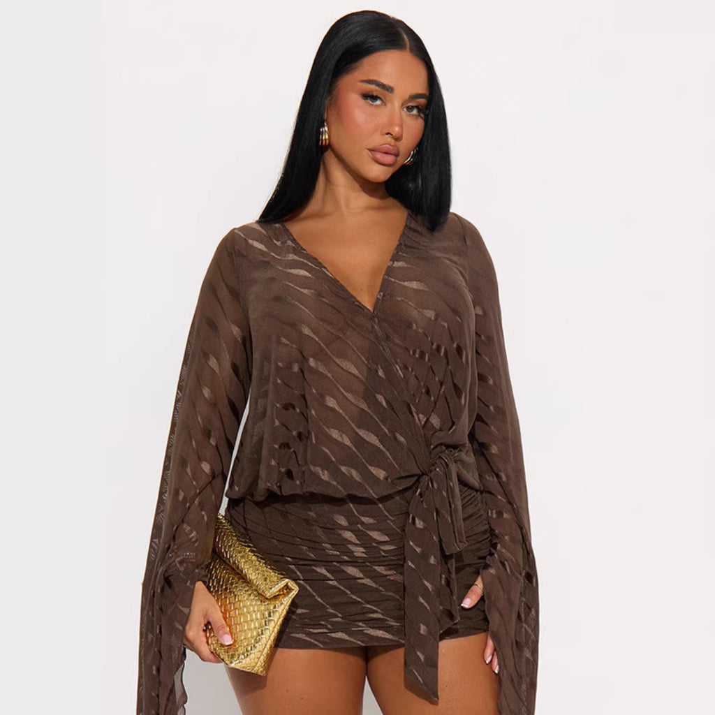 Wave Pattern Flared Sleeve Deep V-Neck Fitted Bodycon Dress