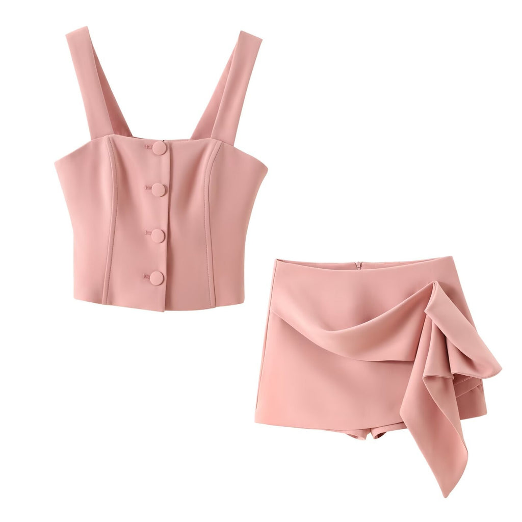 Conjunto Dos Piezas Top Corsé Corto Sin Mangas Shorts Poliéster Elegante Sofisticado Mujer
