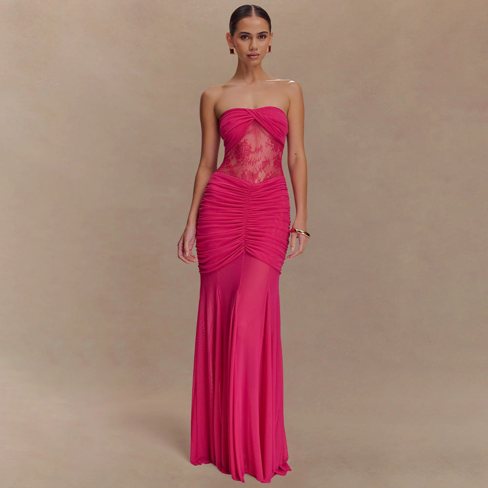 Women's strapless long dress with pleated perspective dress