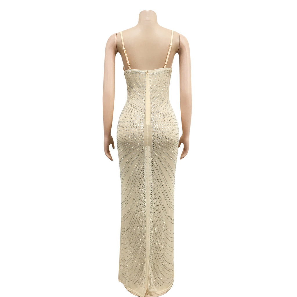 Vestido Largo Sin Mangas Tul Mesh Transparente con Pedrería Elegante Mujer