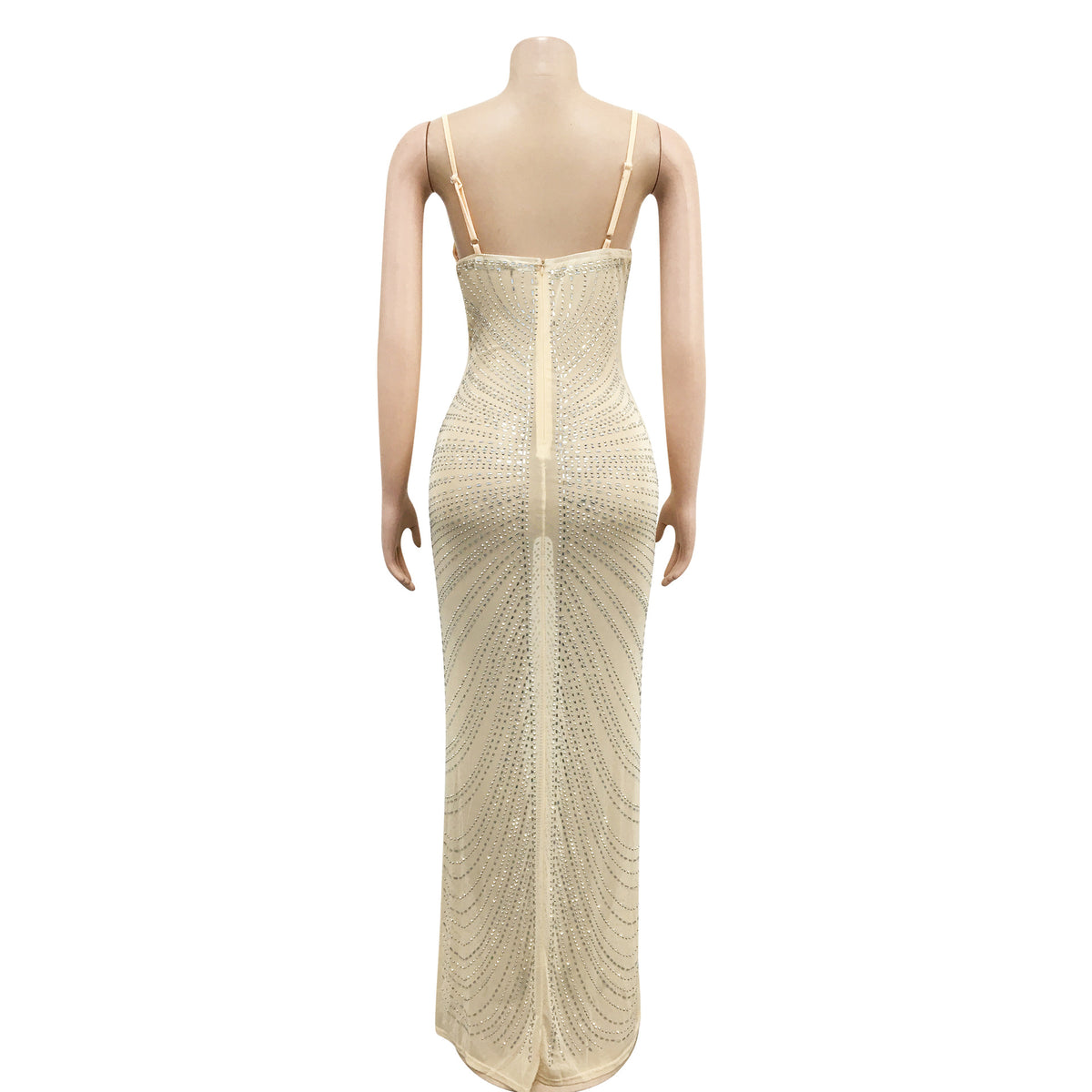Vestido Largo Sin Mangas Tul Mesh Transparente con Pedrería Elegante Mujer