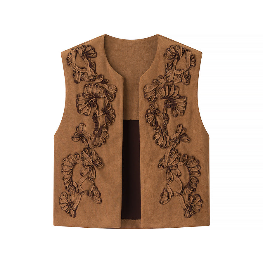 Fashion Embroidered Suede Texture Round Neck Vest Top for Women