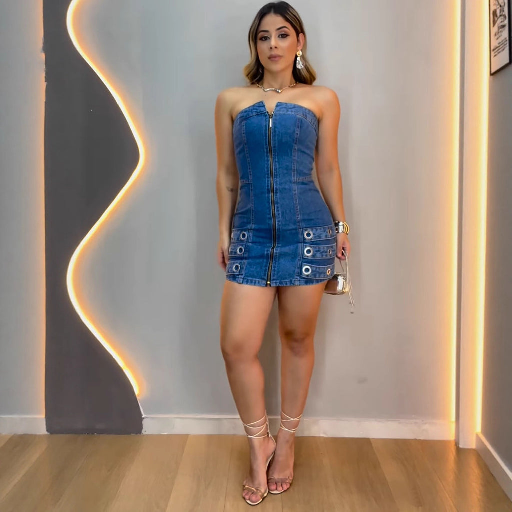 Vestido vaquero Sexy con hebillas