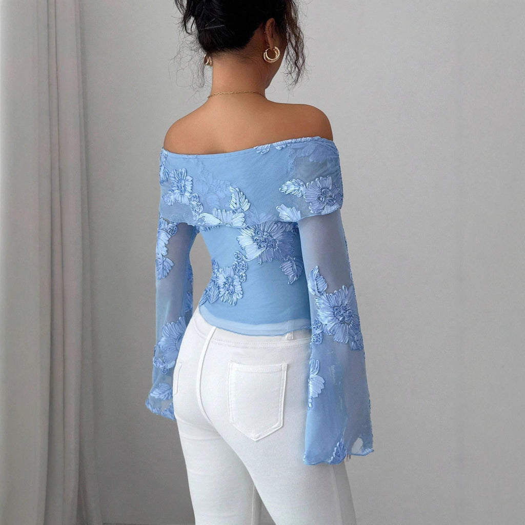 Top Malla Floral Manga Acampanada Bajo Asimétrico Mujer