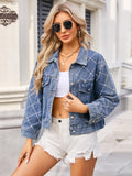 Chaqueta Vaquera Denim Manga Larga Ribetes Perlas Botones Bolsillos Mujer Azul Polvoriento
