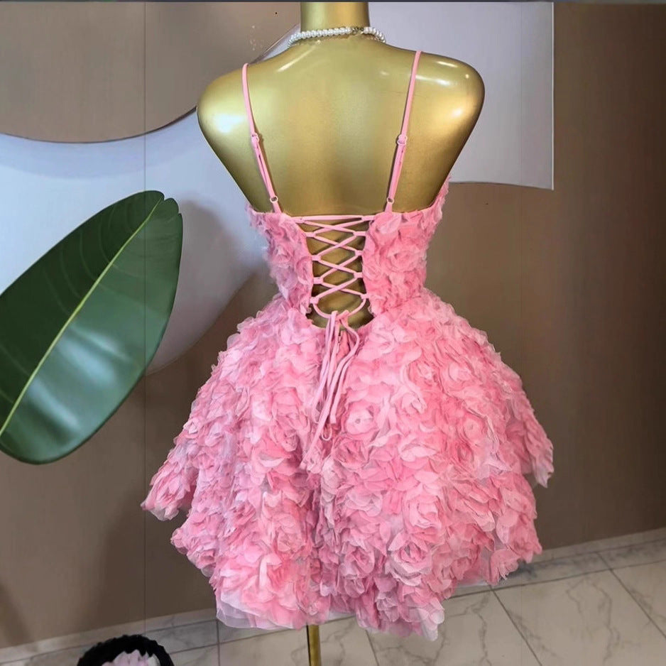 Vestido Mini Burbuja Hombros Descubiertos Sin Mangas Cintura Alta Floral Dulce Mujer