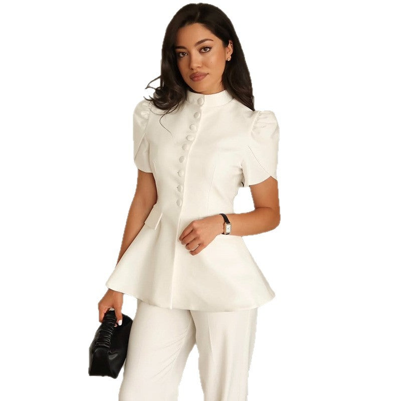 Bubble sleeve breasted waist cinching top