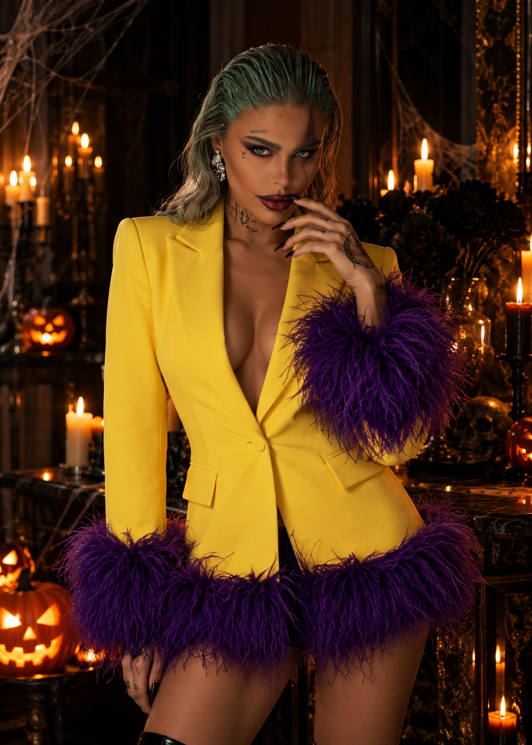 Blazer Largo Amarillo Joker Pelo Sintético Patchwork Fiesta Halloween Mujer