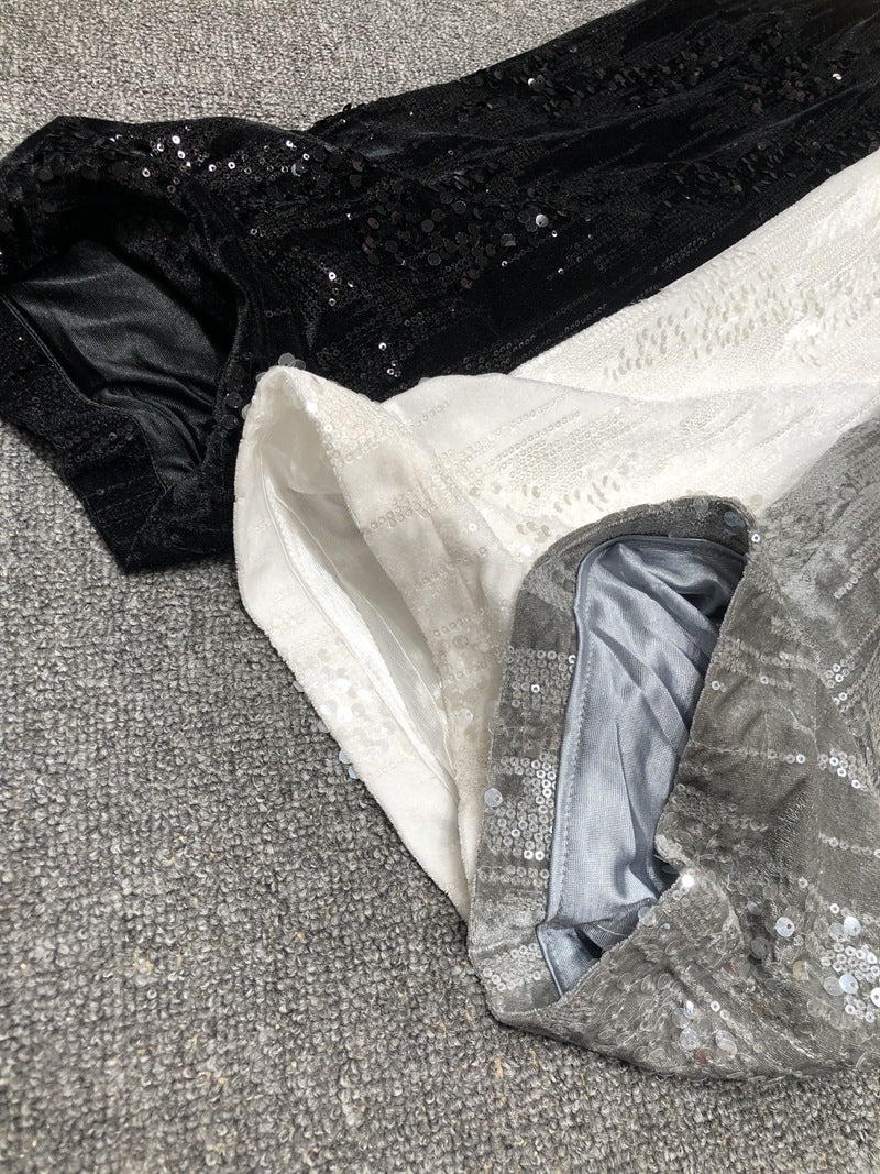 Pantalón Largo Pierna Ancha Ante Brillante Bordado Lentejuelas Hasta El Suelo Mujer