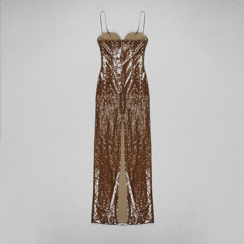 Vestido Largo Marrón de Lentejuelas con Abertura y Hombros Descubiertos para Fiesta