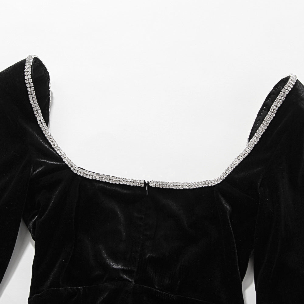 Vestido Mini Ajustado Manga Larga Escote V Profundo con Diamantes Fiesta Mujer