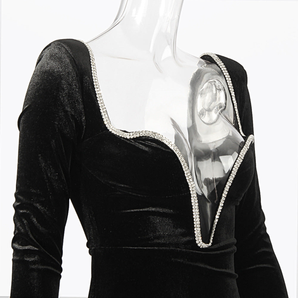 Vestido Mini Ajustado Manga Larga Escote V Profundo con Diamantes Fiesta Mujer