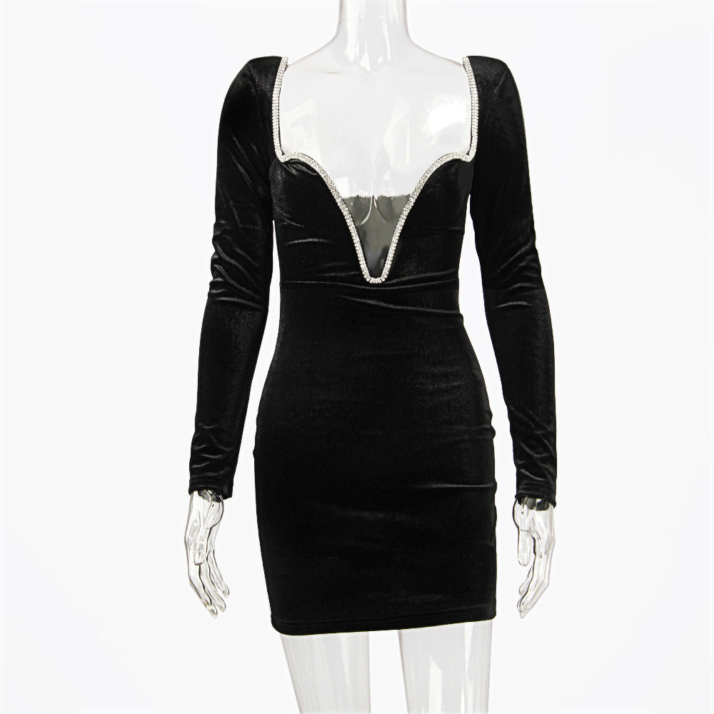 Vestido Mini Ajustado Manga Larga Escote V Profundo con Diamantes Fiesta Mujer