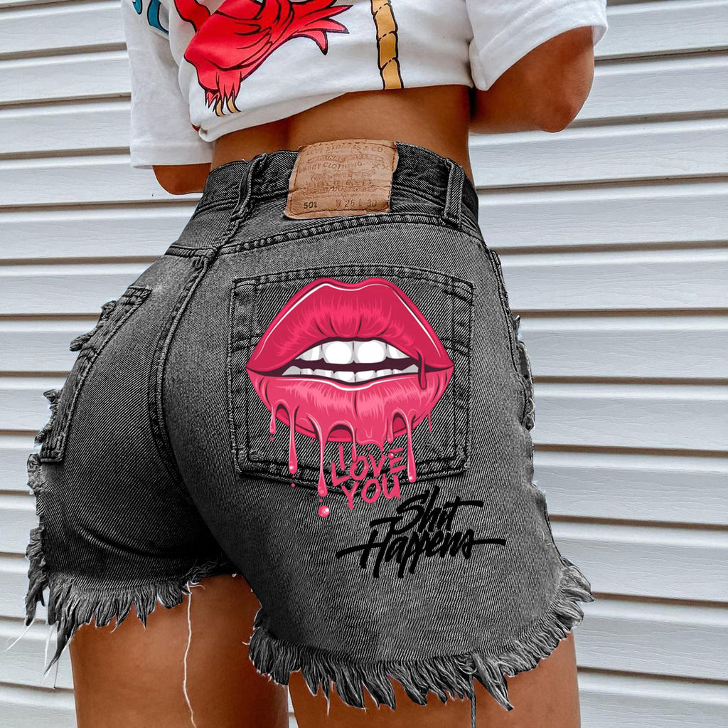 Short Jean de Mezclilla tiro alto con estampado de labios