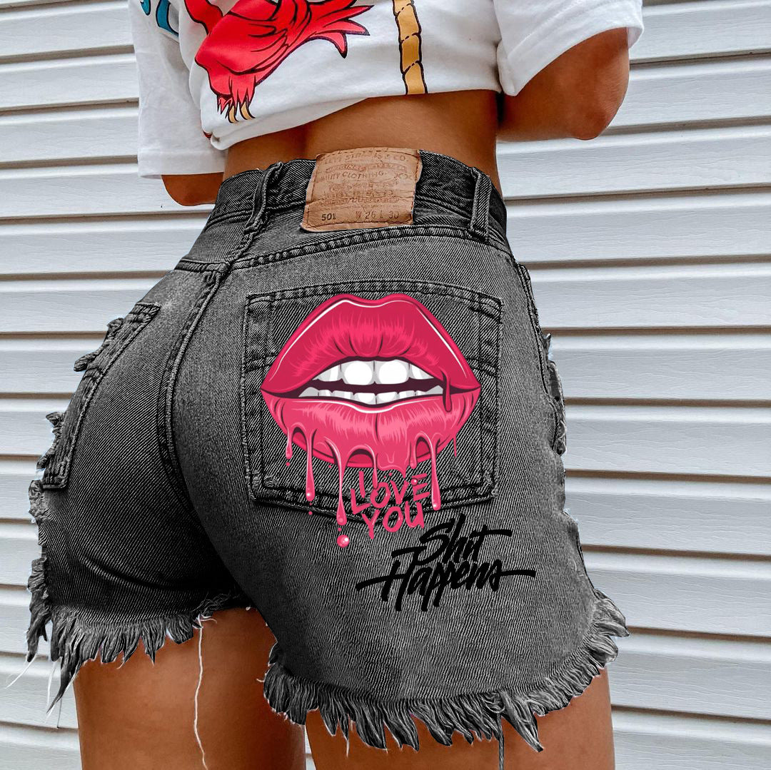 Short Jean de Mezclilla tiro alto con estampado de labios