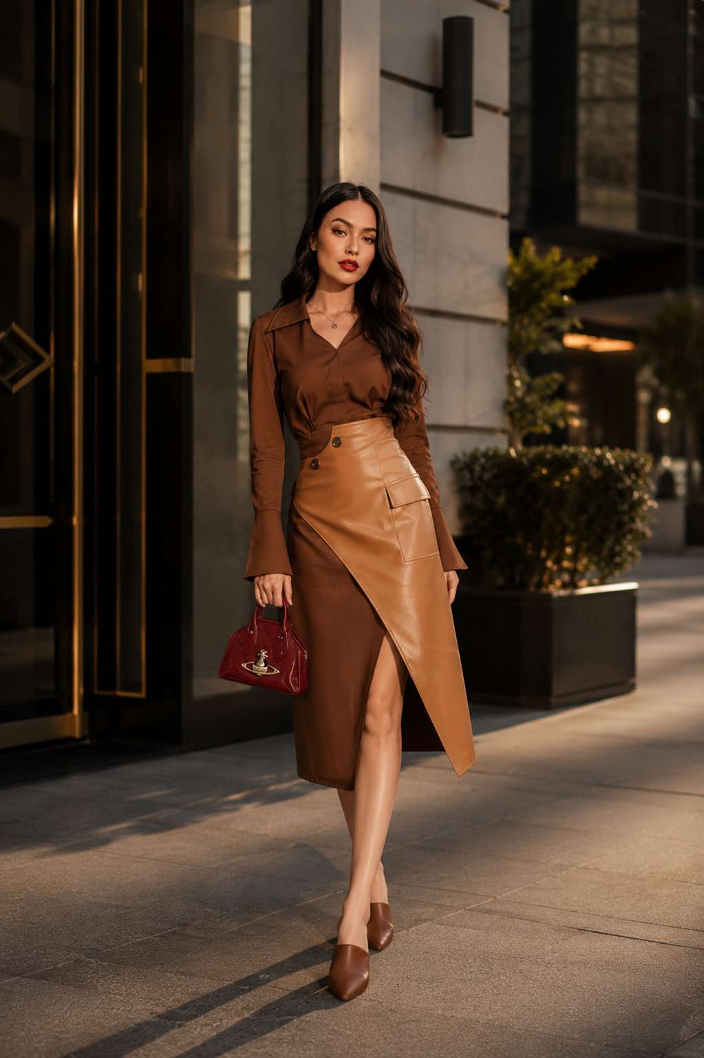 Conjunto Dos Piezas Marrón - Camisa y Falda PU Midi